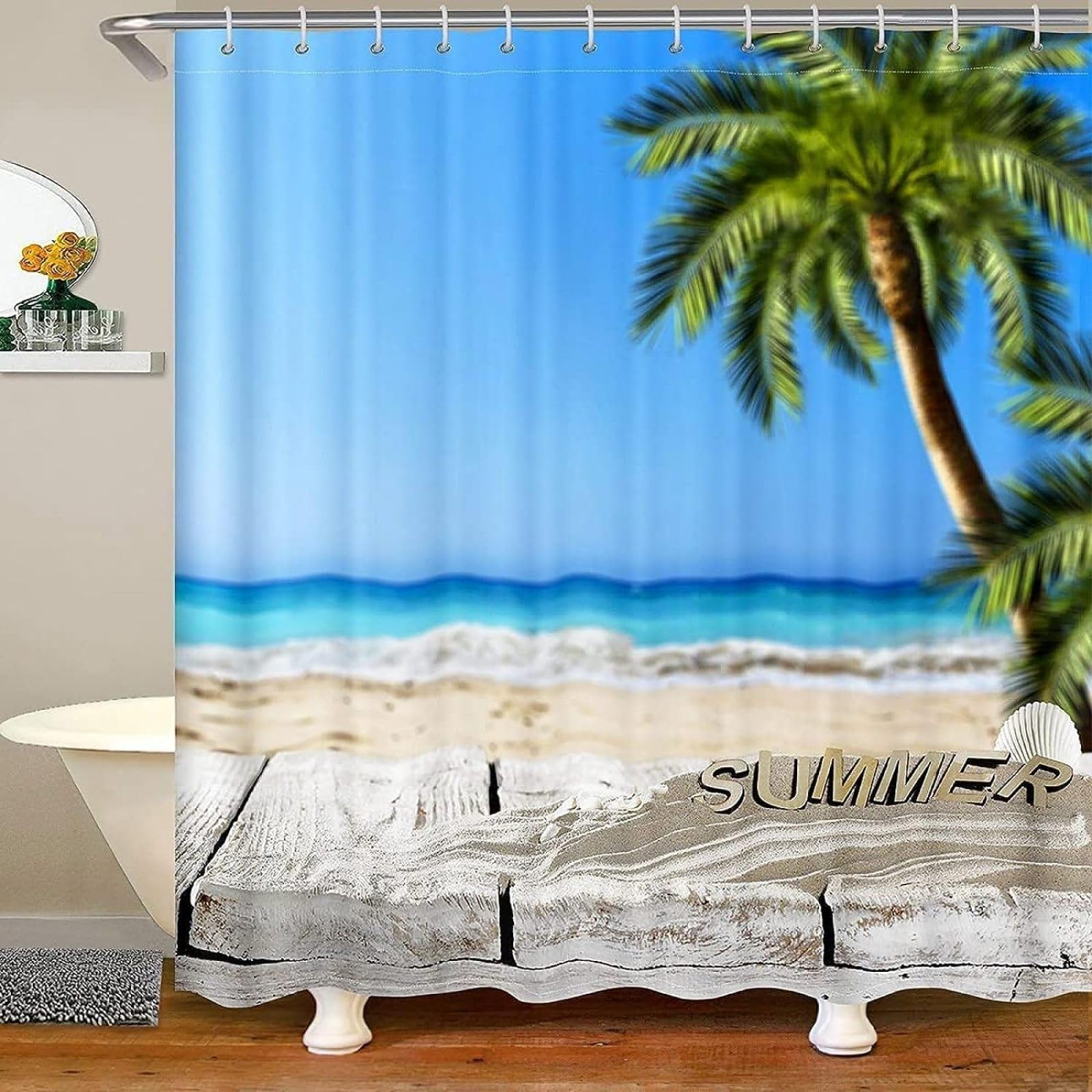 Gualiy Tenda Da Doccia In Poliestere, Tenda Doccia In Tessuto Antimuffa Modello Di Foglie Di Piante Hello Summer Tende Per Doccia Per Vasca Da Bagno 120x180CM - Foto 9