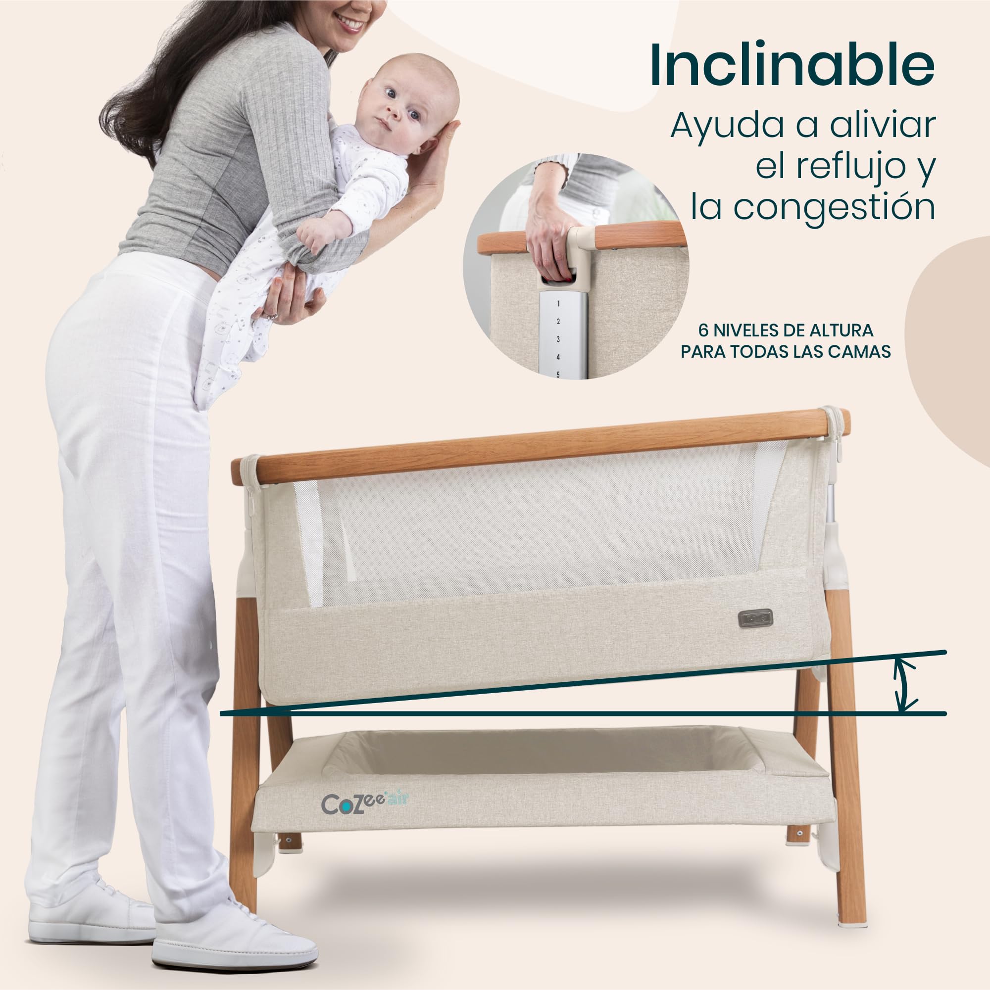 Tutti Bambini CoZee® Air Moisés y Cuna Colecho Bebé - Cama Colecho Bebé - Plegado Rápido - Bolsa de Transporte - Colchón Deluxe Transpirable con 6 Alturas - 0-6 Meses (Nogal y Crudo)