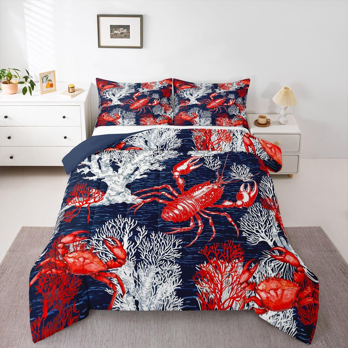 Erosebridal Marine Life Comforter Set Twin Crab Lobster Corals Bedding Set for Kids Boys Teens Tropical Wild Ocean Animal Down Comforter Navy Blue
