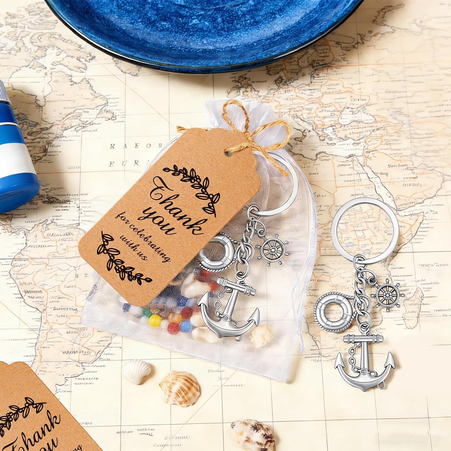 YKLIGTN 50Pack Anchor Keychain Bulk Nautical Party Favor for Guests, Nautical Gifts for Boater, Anchor Keychain with Organza Bags Tags, for Birthday Fathers Day Party Return Souvenirs (Sliver)