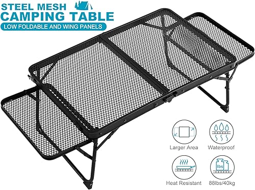 Miniatura 10 de Mesa de camping familiar plegable con 2 paneles de alas, mesa de parrilla de metal con mesa de malla, 2 alturas ajustables, mesa grande de picnic y