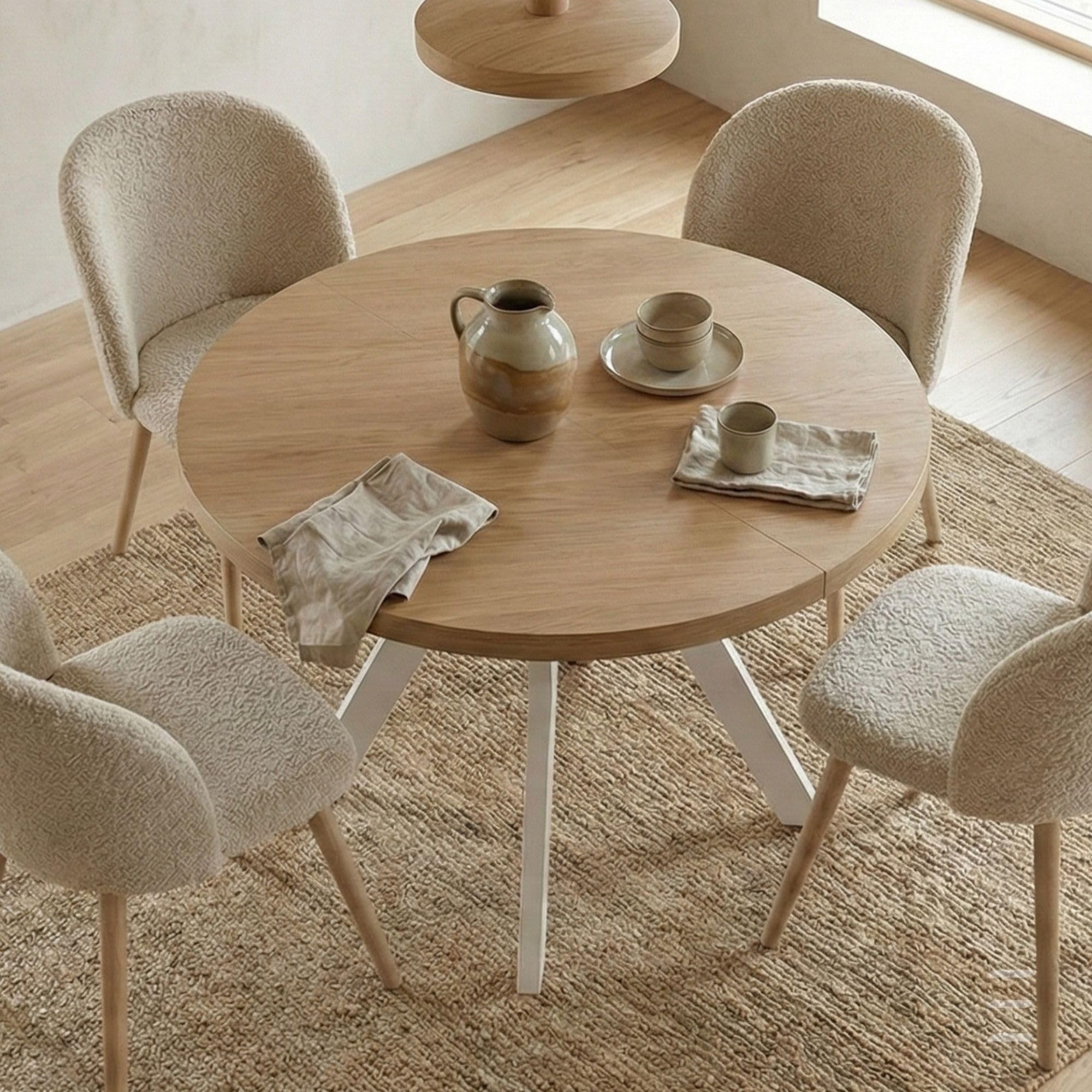 Runder Ausziehbarer Tisch für Esszimmer mit Holzbeinen, Pero, Loft-Stil, Skandinavische, Durchmesser Varianten: von 90 bis 220 cm (Eiche Artisan/Weiß, 90/140 cm)