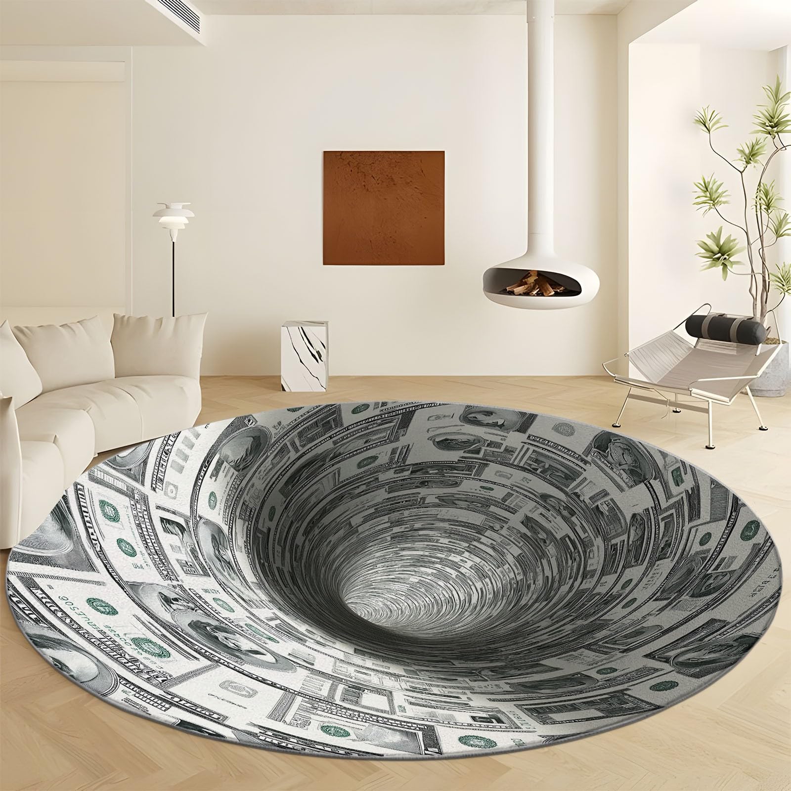 Generisch Rund Teppich Wohnzimmer Dollar-Banknote, 3D-Tunnel 200 cm Rund Teppich- Küche Jugendzimmer Esszimmer Flur und Schlafzimmer Rund Teppich Kurzflor Rund Teppich Extra Weich Pflegeleicht