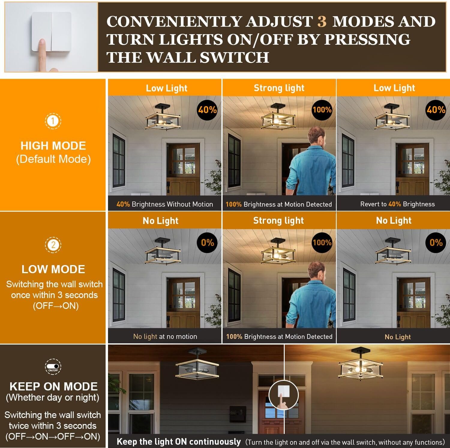 2-Light Farmhouse Motion Sensor Outdoor Ceiling Light Square Metal Frame Wood Grain Flush Mount, Industrial Exterior Porch Light Fixture with Clear Glass for Balcony Hallway Garage Entryway