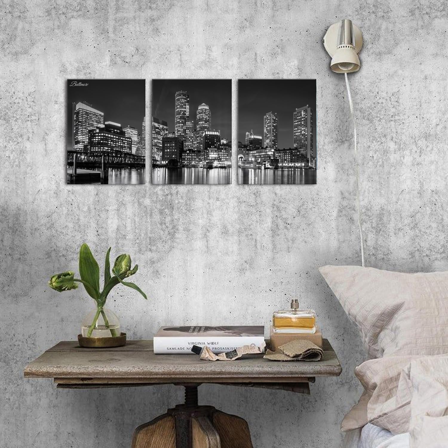 Black and White Baltimore Skyline Wall Art for Living Room USA Maryland Harbor Cityscape Picture Wall Decor Night City Skyscraper Panoramic Painting Prints Modern Artwork Office Decoration 12x16" 3P