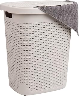 Mind Reader Slim 50L Laundry Hamper with Lid - Ventilated Plastic Wicker Basket, Space-Saving Storage for Laundry & Toys, Ivory