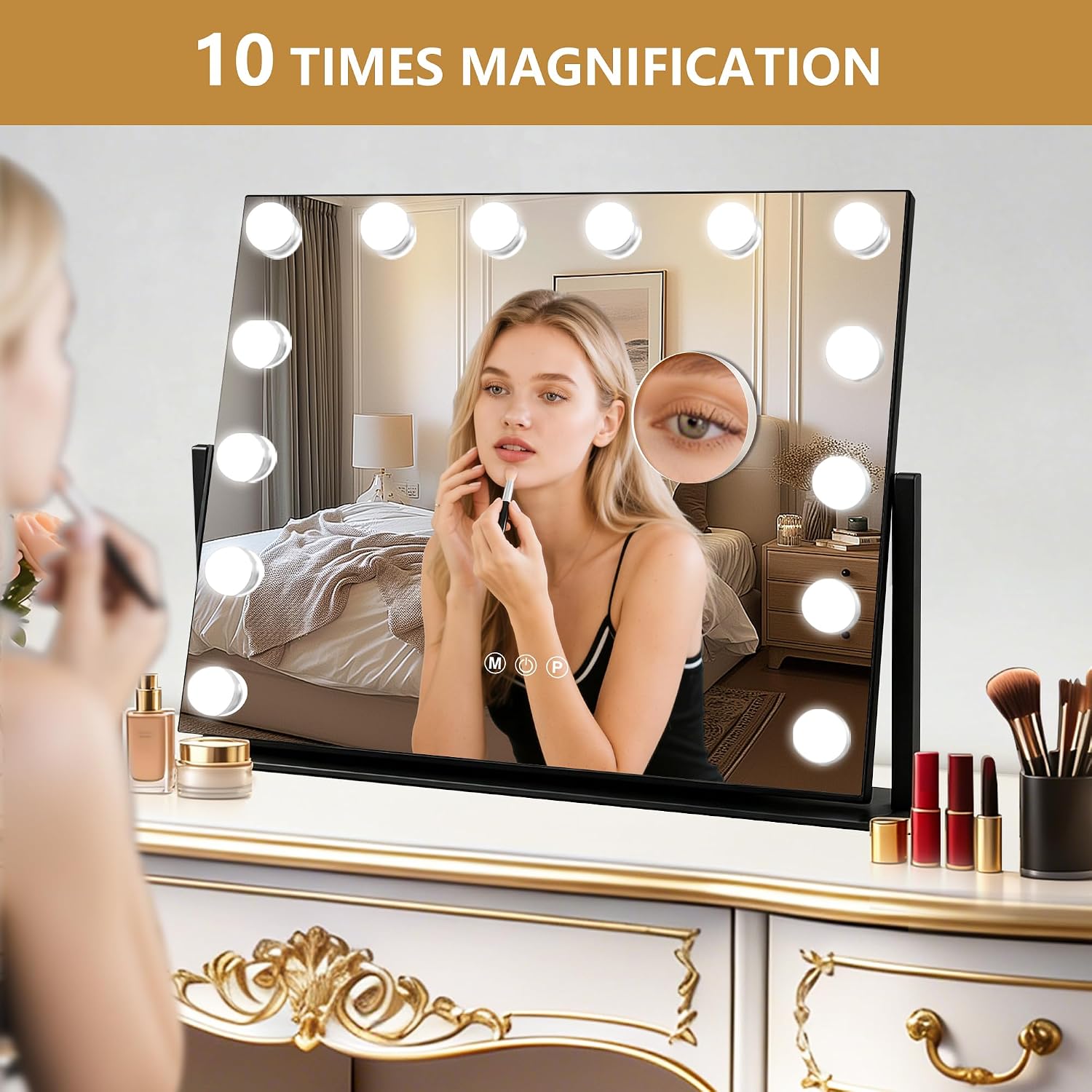 Moonee Vanity Mirror with Lights, Black Hollywood Lighted Makeup Mirror with 14 Dimmable Bulbs and 10X Magnification 360°Rotation, Light Up Mirror for 3 Color Mode, Aluminum Metal Frame (19" x 16" image 5