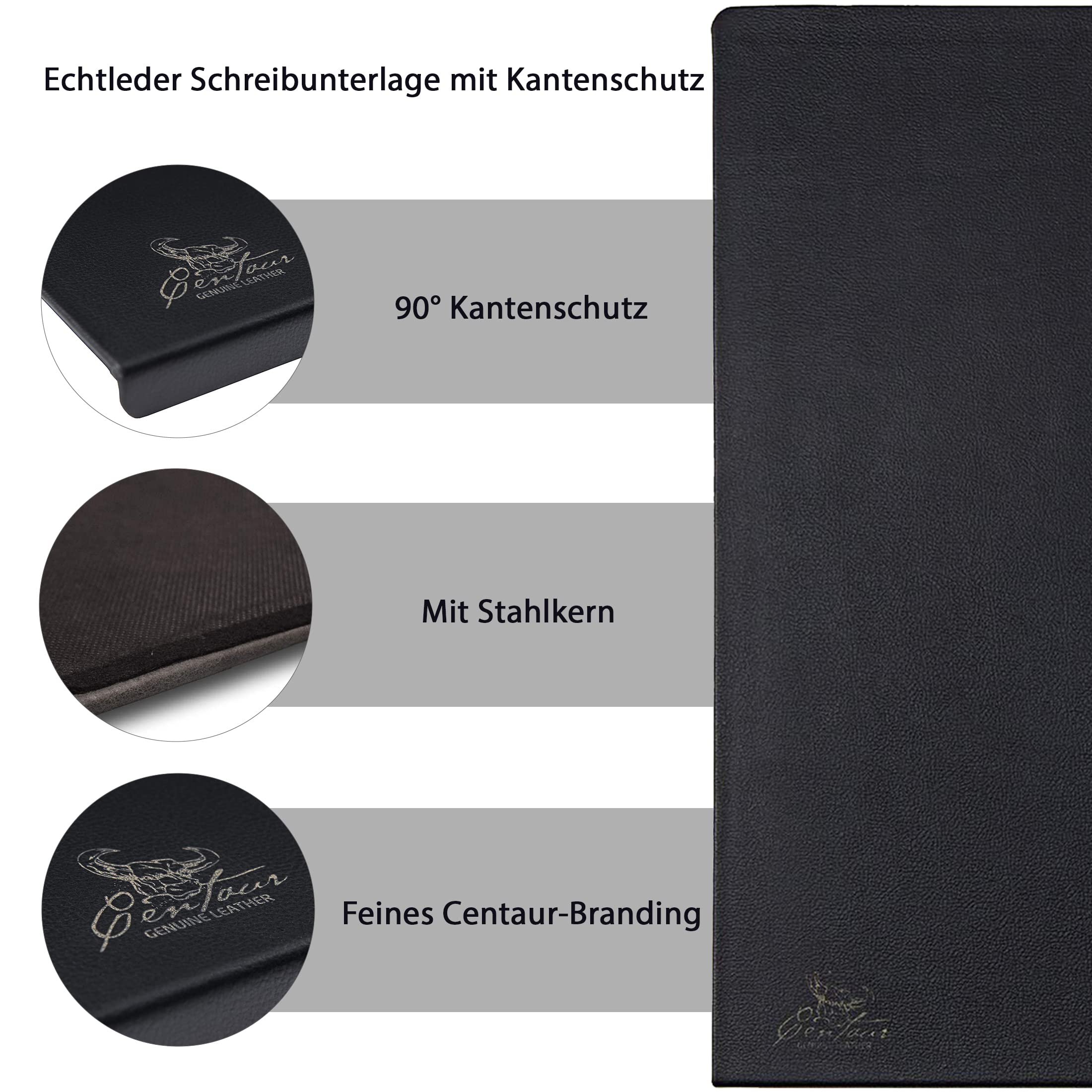 Centaur - Hochwertige Leder Schreibtischunterlage mit 90° Kantenschutz - Schwarz 55x80 cm - ideal für Büro und Zuhause - Pflegeleichte Schreibunterlage -