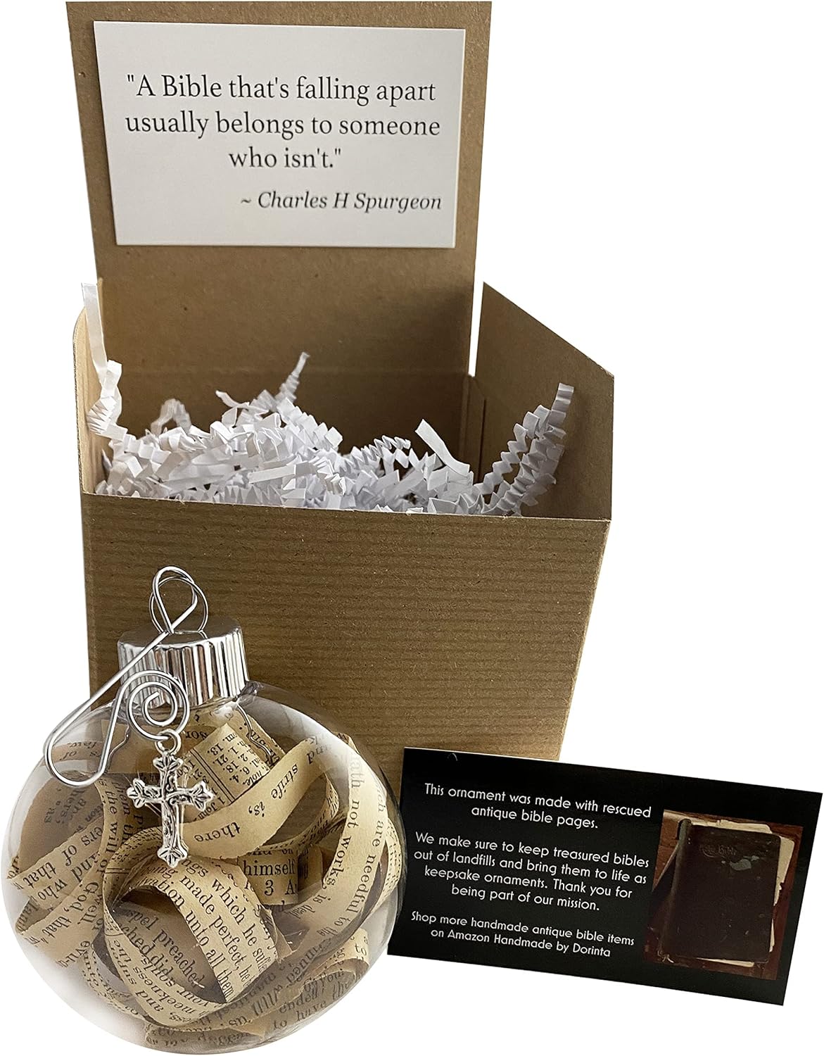 Religious Rescued Antique Bible Pages Verses Strips Hanging Christmas Tree Ornament Beautiful Cross Charm Hanger and Faith Quote Card Shatterproof Round Disc for Best View - Image 2