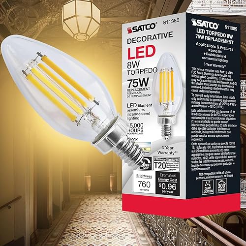 Miniatura 8 de Satco (S11385) LED C11 de 8 vatios transparente base de candelabro 3000 K 90 CRI 760 lúmenes 120 voltios 6 bombillas LED