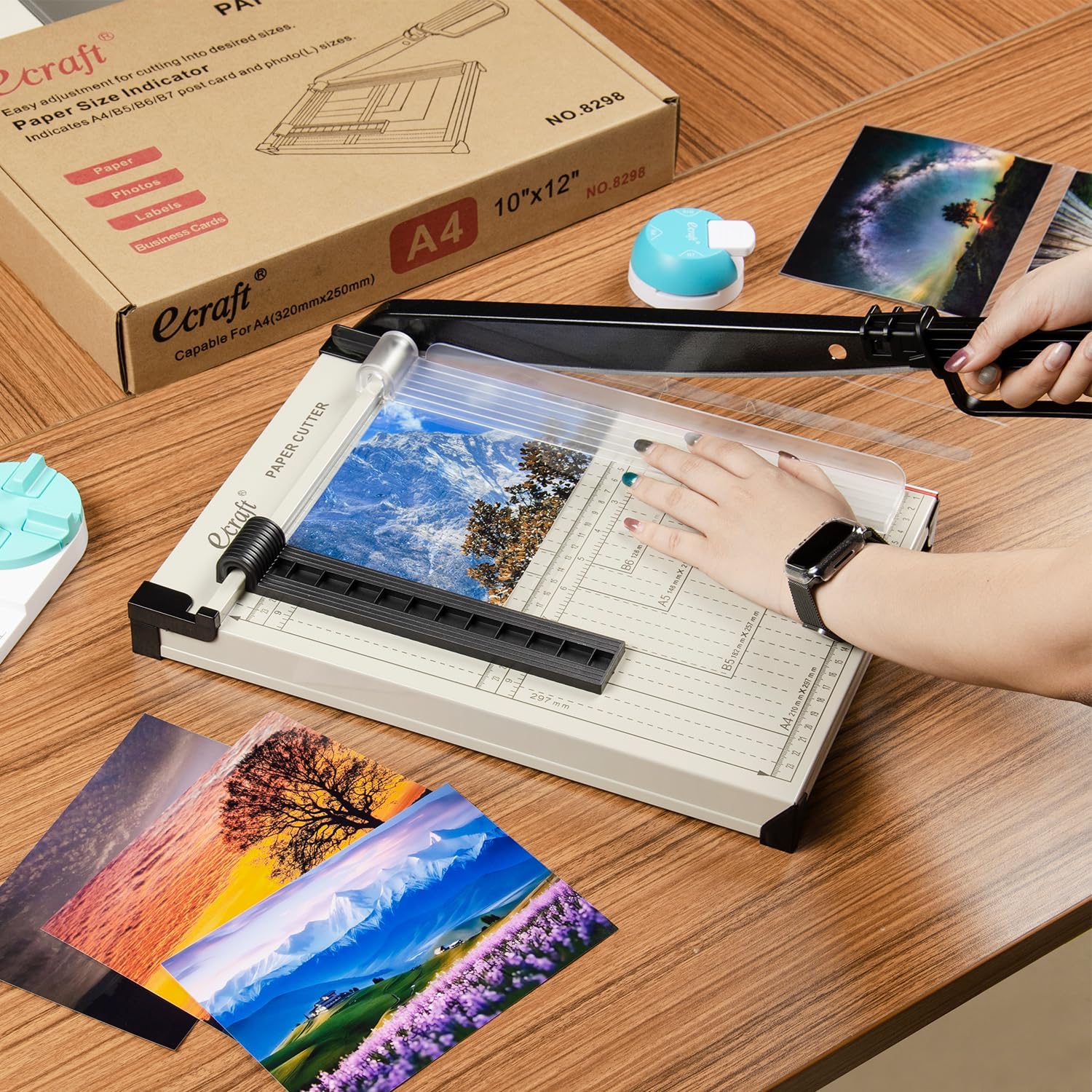 Cortador y recortador de Papel con protección de Seguridad Capacidad para 15 Hojas Base de Metal Resistente cartulina, cartón, Vinilo, Manualidades y Fotos Guía magnética incluida