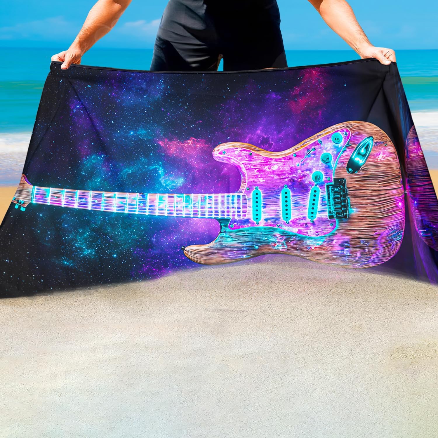 Galaxy Guitar Beach Towel Oversized 36"x72", Sandproof Absorbent Compact Music Towels, Lightweight Quick Dry Microfiber Bath Towels for Travel Pool Swimming