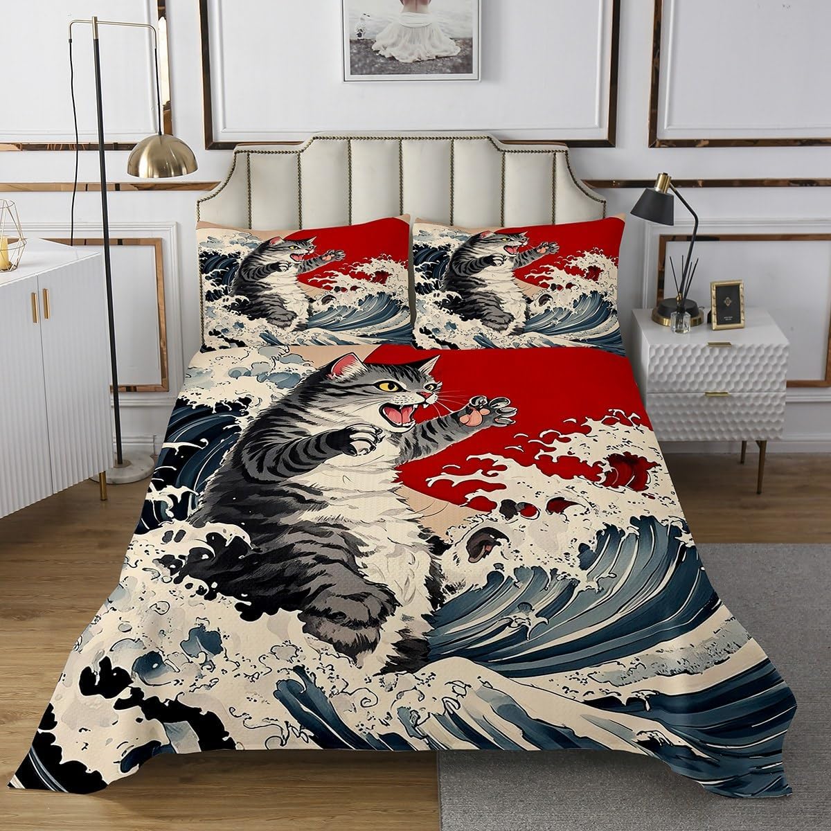 jejeloiu Japanese Style Bedspread Funny Cat Bedspread for Kids Boys Girls Ukiyo-E Theme Coverlet Set Red Sun Ink Painting Quilted Bedroom Collection 3Pcs King Size