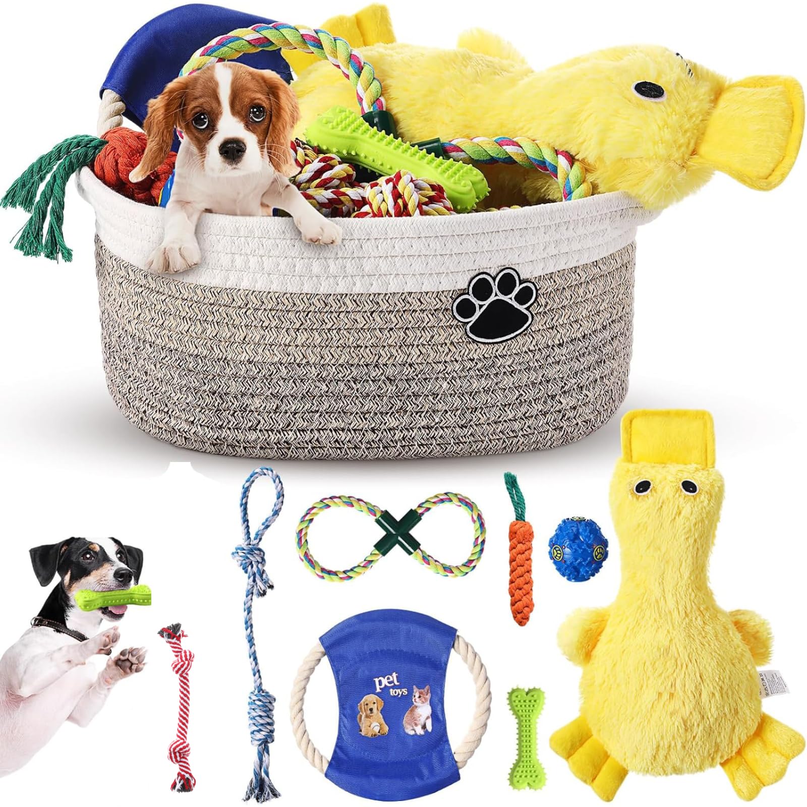 Zopeal Puppy Dog Toy Gift Storage Basket with Dog Toys Set Chew Toys Birthday Gift Basket Teething Interactive Squeaky Duck for Teething Small Medium