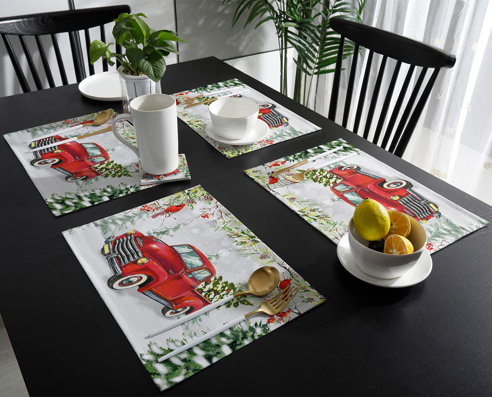 Christmas Truck Placemat Set of 6, Vintage Red Truck Cardinalis Snow Forest Landscape Frosty Tree Table Place Mats Non-Slip Heat-Insulated Washable Cotton Linen Placemats for Christmas Holiday Party