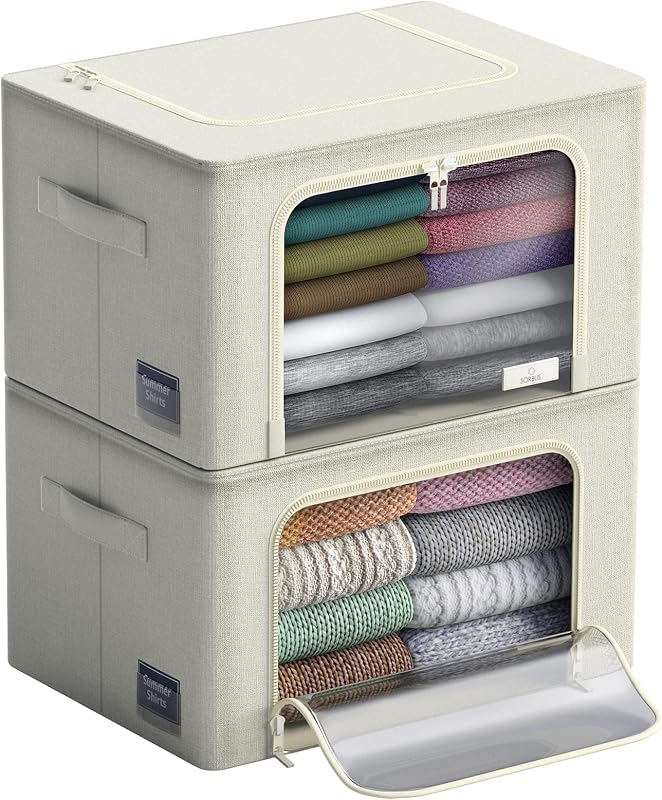 Sorbus Contenedores de almacenamiento con marco de metal - Bolsas organizadoras de ropa apilables y plegables - Contenedores de almacenamiento de tela Oxford con ventana transparente grande y asas de transporte Organización para ropa de cama y ropa