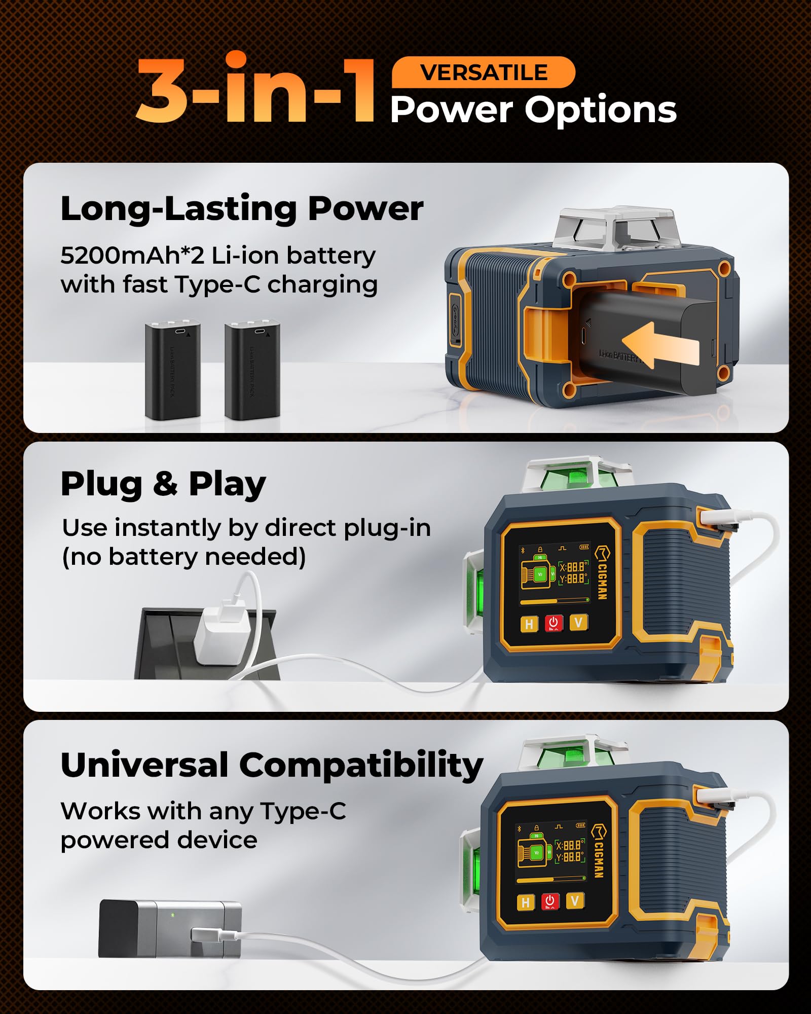 CIGMAN Niveau Laser 360 Autonivelant 3x360°, Laser Vert Chantier avec Grand Écran LCD Latéral, Contrôle APP Bluetooth, Support Magnétique en L, 2 Batteries Li-ion, Laser Niveau