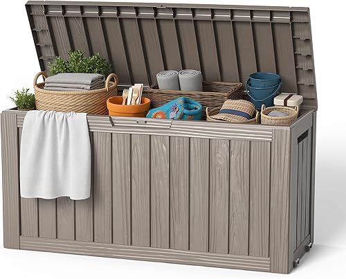 Miniatura 18 de EasyUp Caja de almacenamiento para exteriores de 85 galones, caja de cubierta de resina impermeable resistente a los rayos UV, estabilidad reforzada