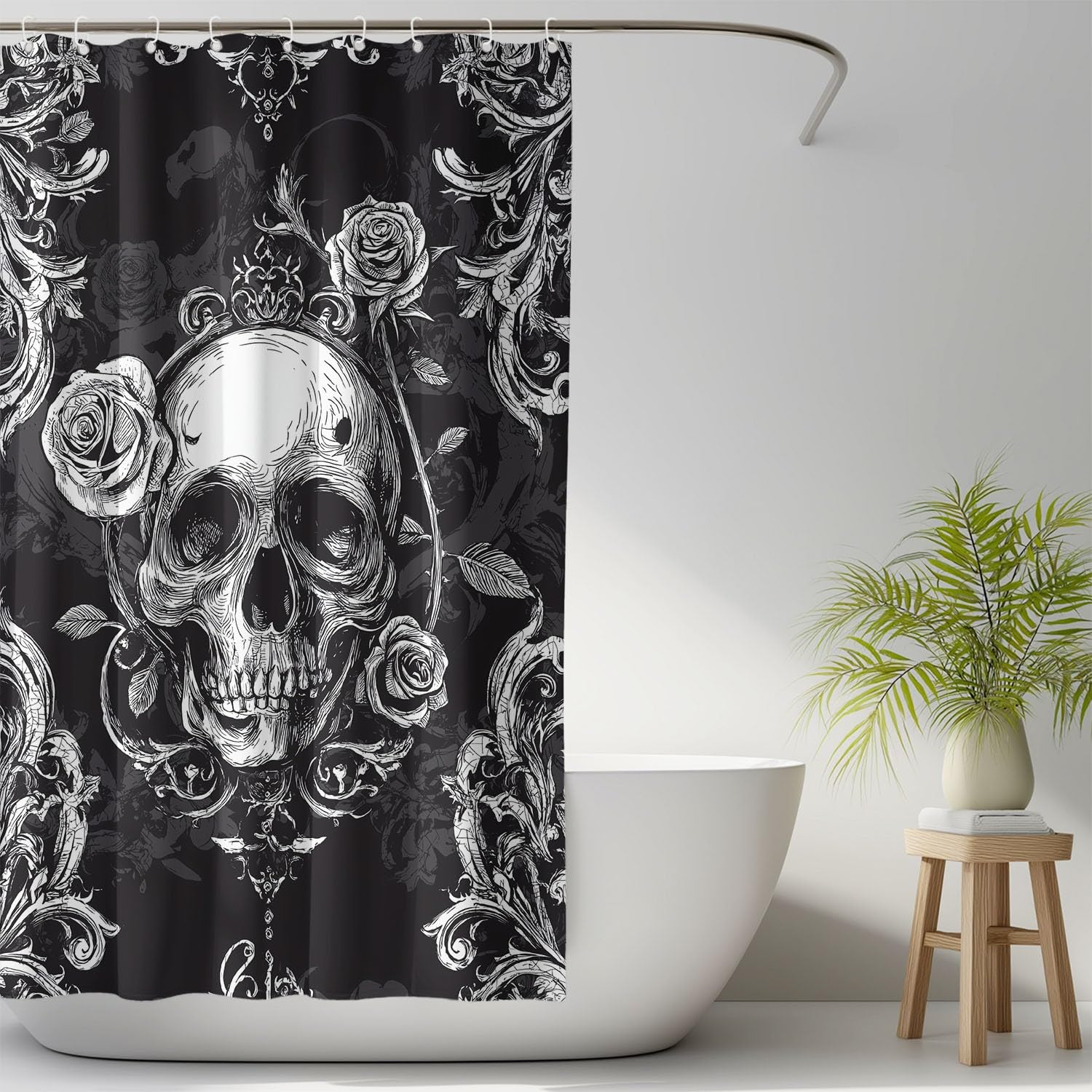 Generisch Cortina de ducha gótica oscura con diseño de calavera, 180 x 200 cm, resistente al agua, resistente al moho, tela de microfibra con ganchos, color blanco y negro