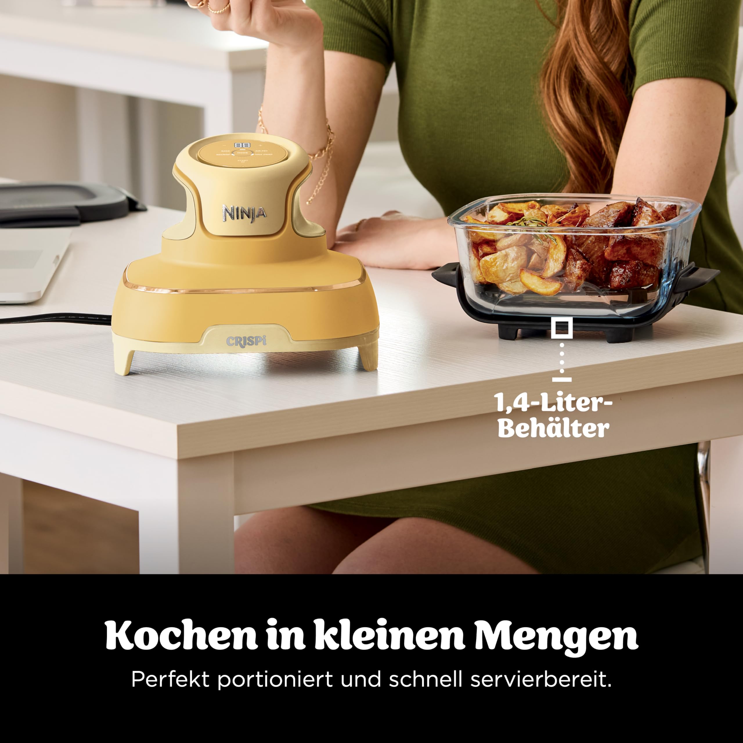 Ninja CRISPi Tragbare Heißluftfritteuse, 3,8 l & 1,4 l, 4-in-1: Heißluftfrittieren, Braten, Warmhalten, Aufknuspern, kompakt, 6 Portionen, 2 Glasbehälter & Deckel, 1700 W, Ingwerbraun FN101EUGD