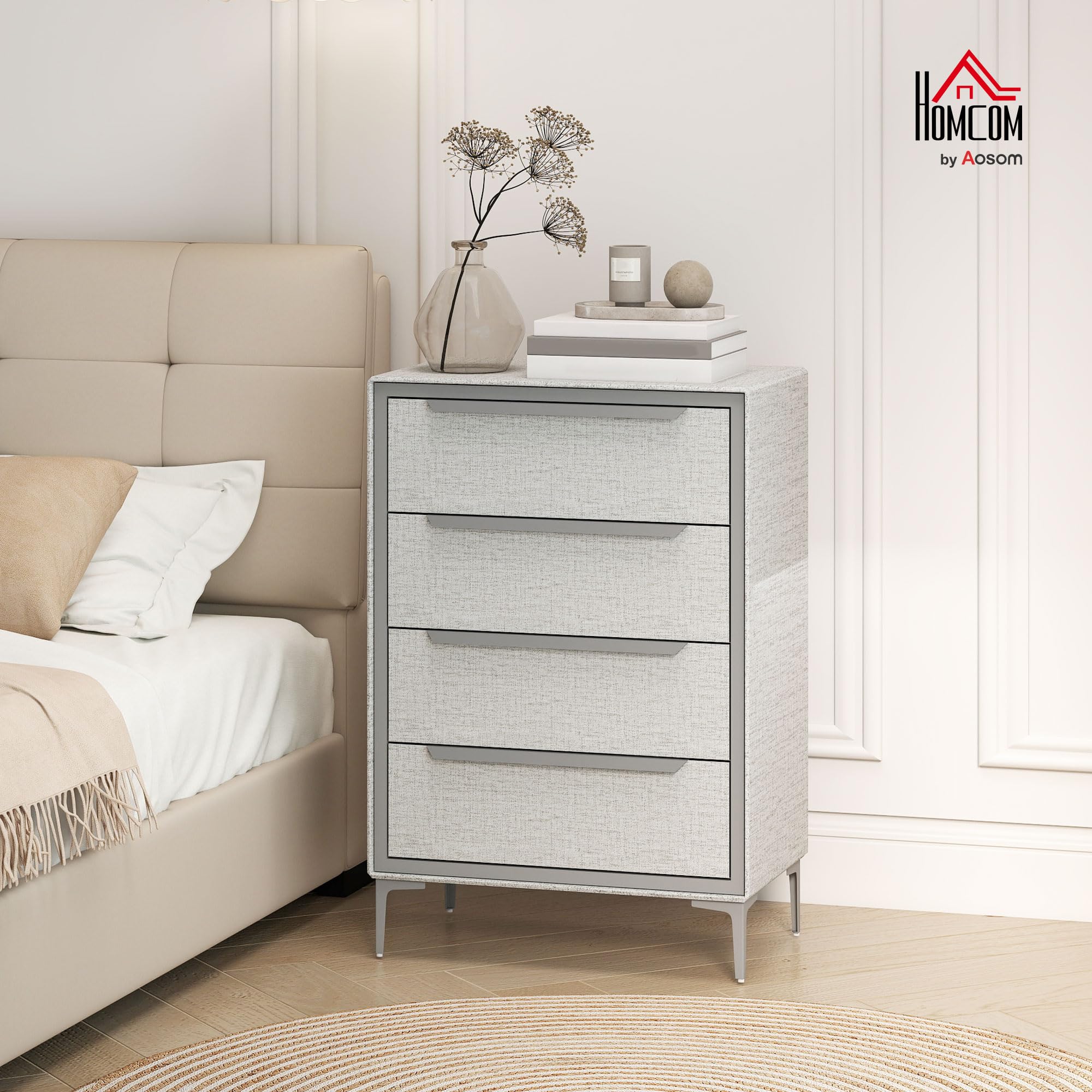 HOMCOM Cassettiera 4 Cassetti in Tessuto Effetto Lino 60x36x88 cm Grigio | Cassettiera Camera da Letto, Elegante e Moderna, Struttura in Acciaio, per Ingresso e Soggiorno
