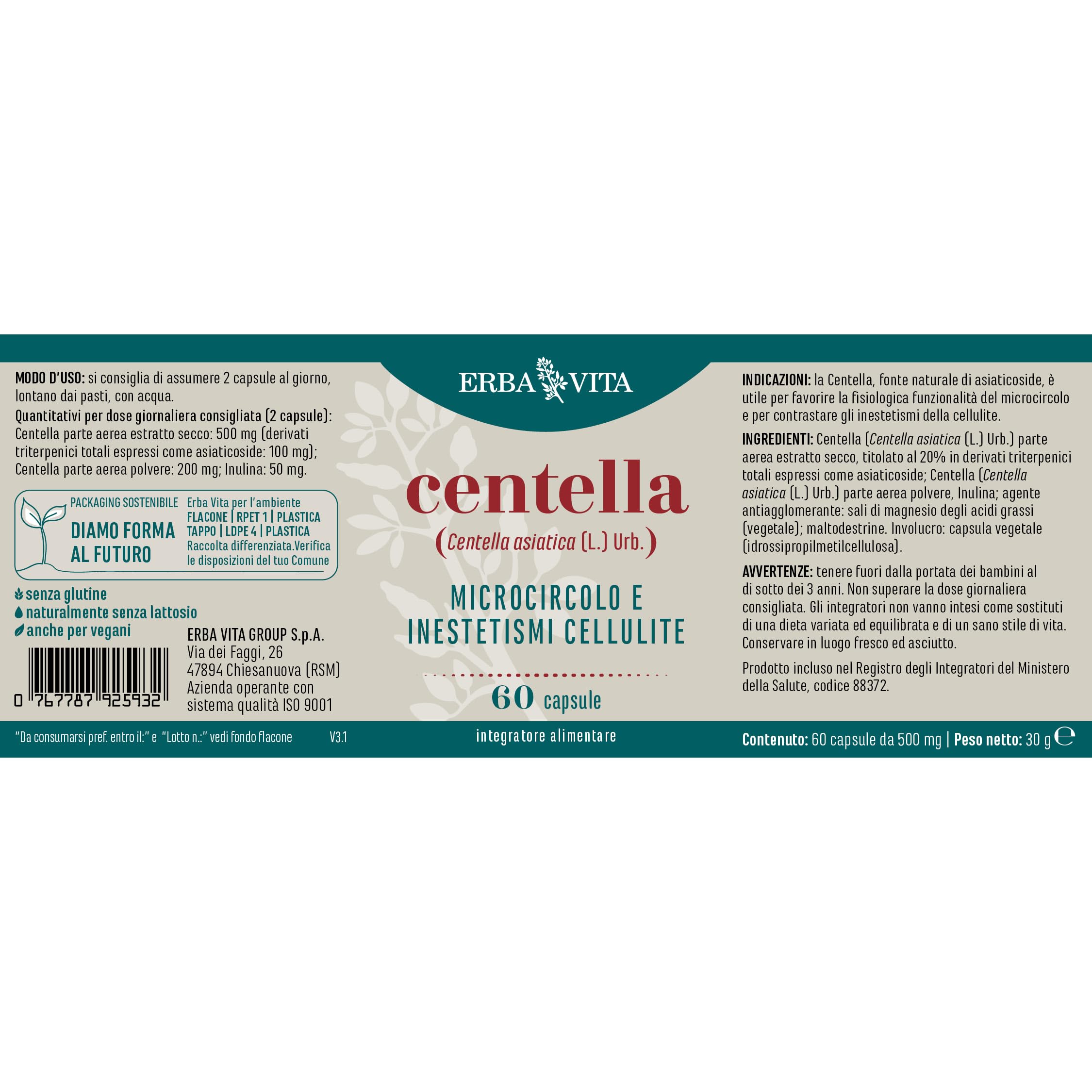 ERBA VITA Integratore Alimentare di Centella - 60 Capsule - Favorisce il microcircolo e contrasta gli inestetismi della cellulite