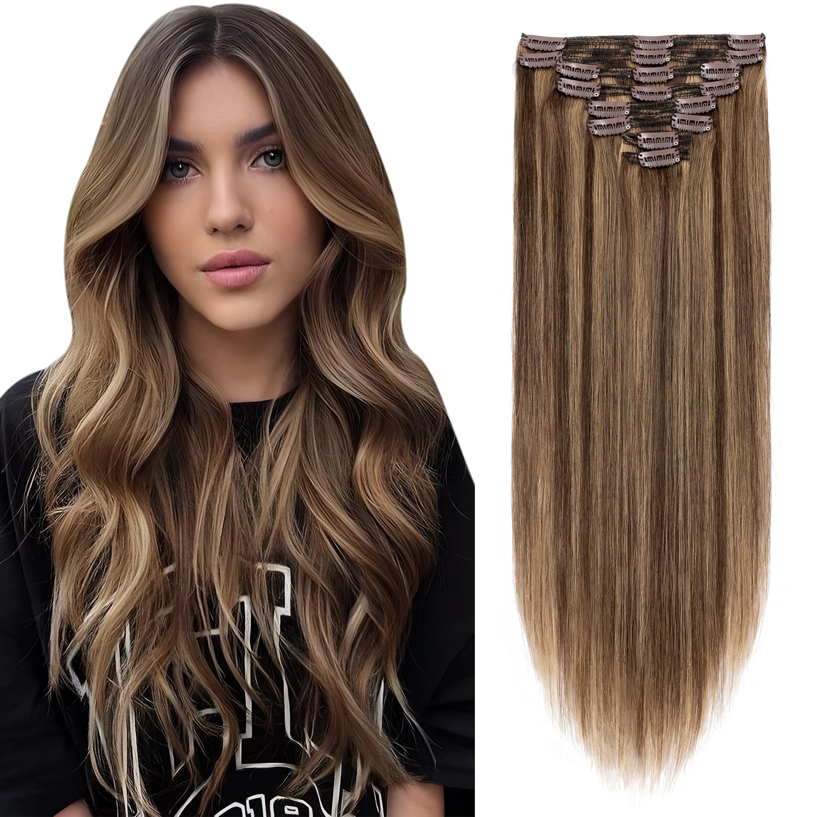 Elailite Double Weft Clip in Hair Extensions Real Human Hair Thick 8 Pieces Full Head Straight