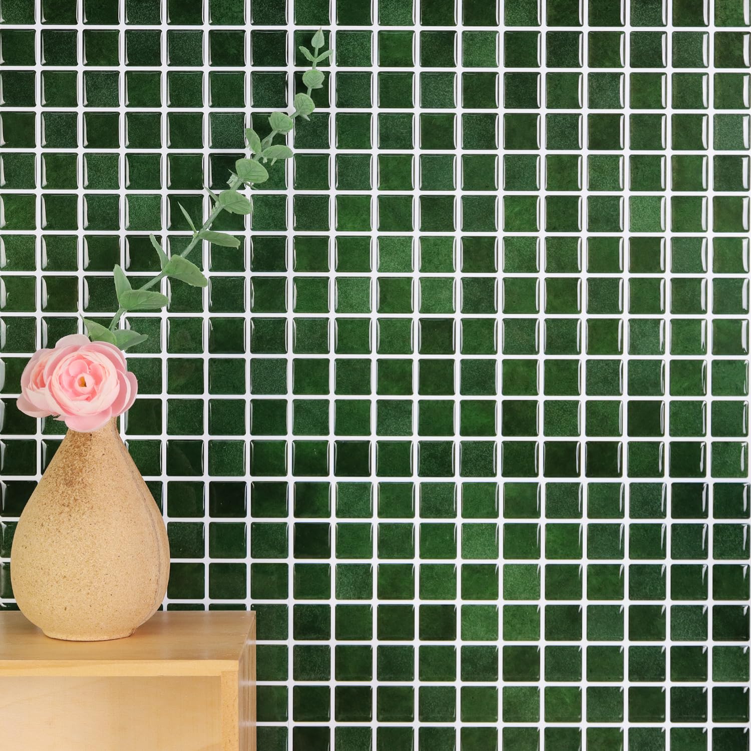 Alwayspon Piastrelle adesive da parete in vinile 3D a mosaico, 25,4 x 25,4 cm, impermeabili, autoadesive, paraspruzzi, per cucina, bagno, parete, verde retrò, 10 pezzi