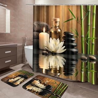 ArtSocket Bathroom Set of 3, Shower Curtain and Bath Rugs Green Zen Bamboo