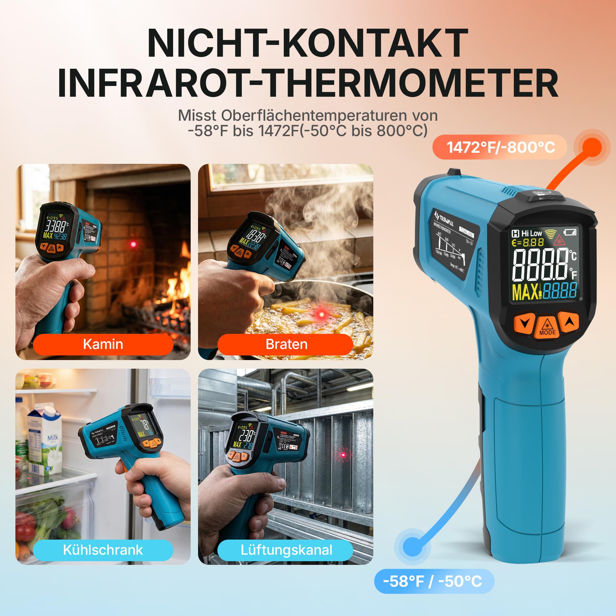 Tilswall Infrarot Thermometer(nicht für Menschen) -50°C bis 800°C IR Digital Laser Temperaturmessgerät mit Kochen LCD Display für Kochen/Barbecue/Pizza Oven/Gefrierschrank/Industrie-W300
