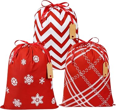 Shintop Cotton Christmas Gift Bags Drawstring, 3pcs 20x16inch Reusable Fabric Wrapping Sacks Cloth Holiday Pouches with Tags for Odd Shaped Presents