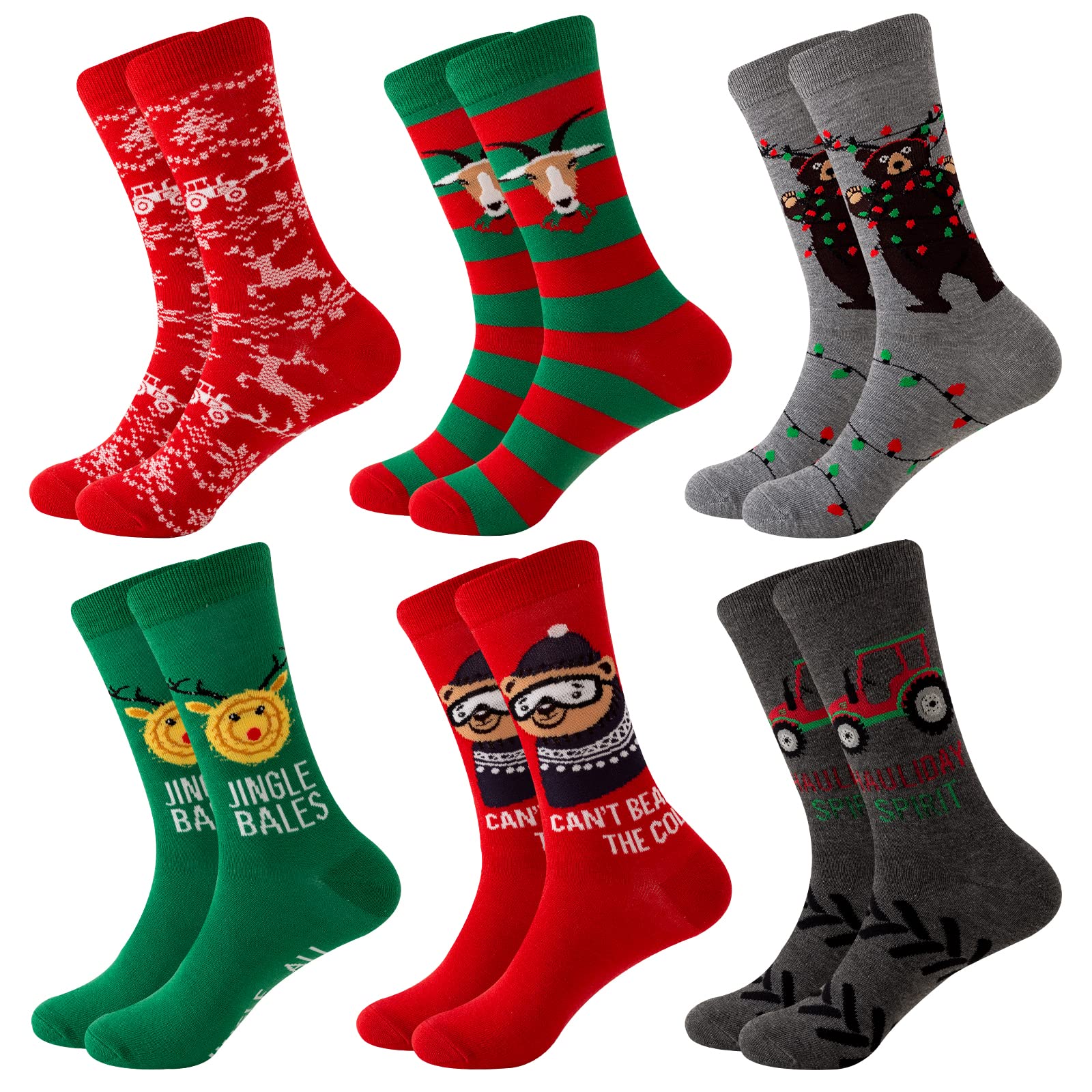 AIRSTROLL Funny Novelty Christmas Socks For Men, Mens Fun Crew Dress Socks for Holiday Gifts 6 Pairs Size 10-13