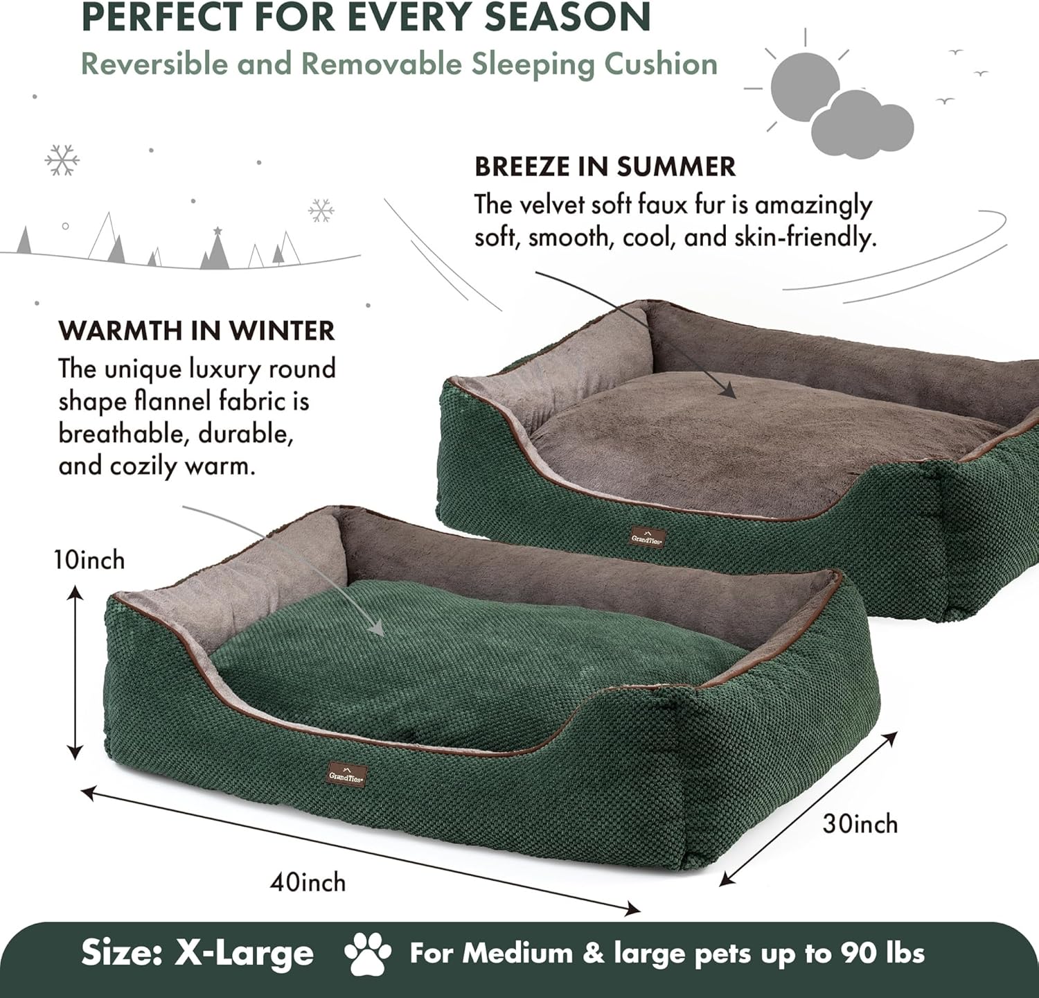 GRANDTIES Fluffy Dog Beds for Small Medium Large Dogs & Cats, Machine Washable Dog Bed, Rectangle Breathable Soft Calming Sleeping Warming Pet Beds with Waterproof & Non-Slip Bottom (XL 40", Olive)