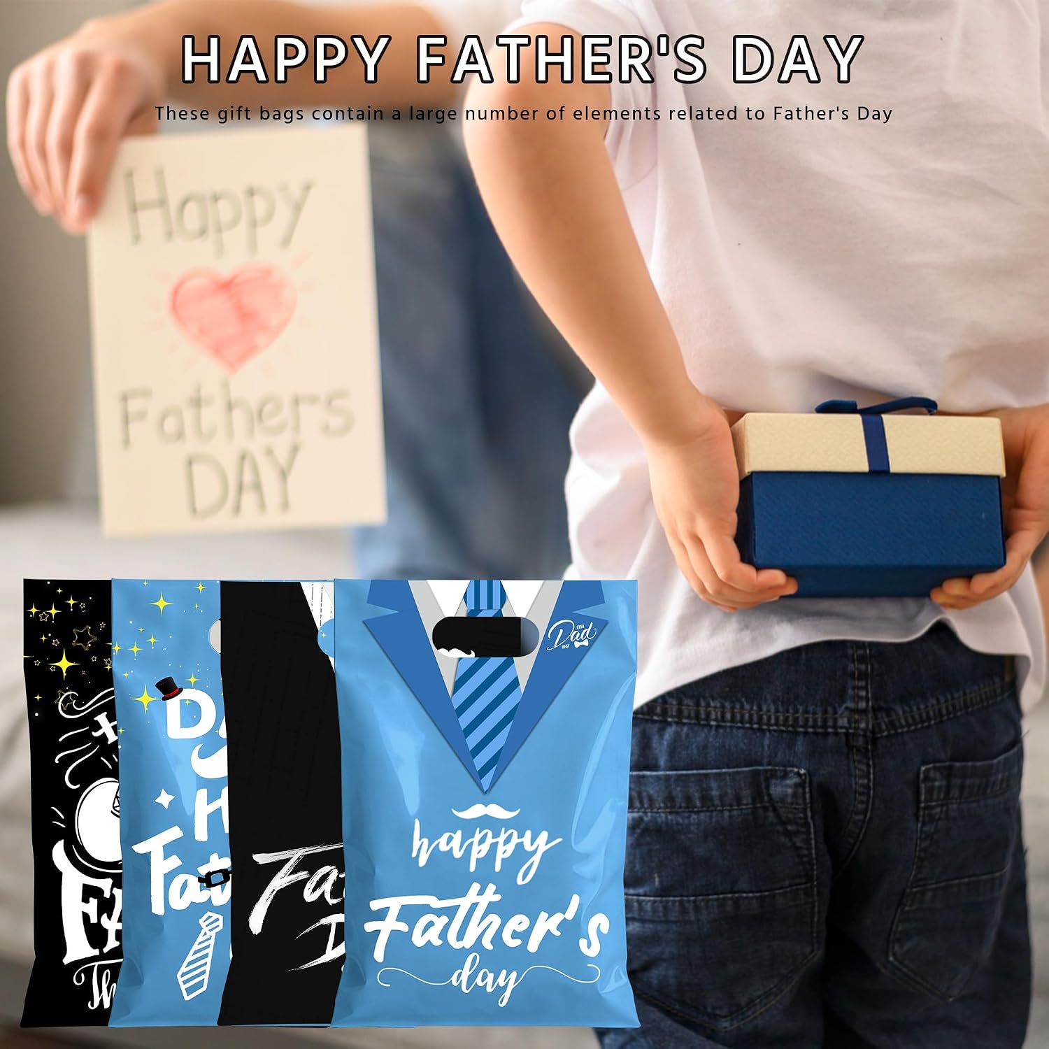 128 Pcs Happy Father's Day Plastic Gift Bags Cool Dad Party Favor Bags Bulk with Handles for Papa Grandpa Party Supplies Gift image 4