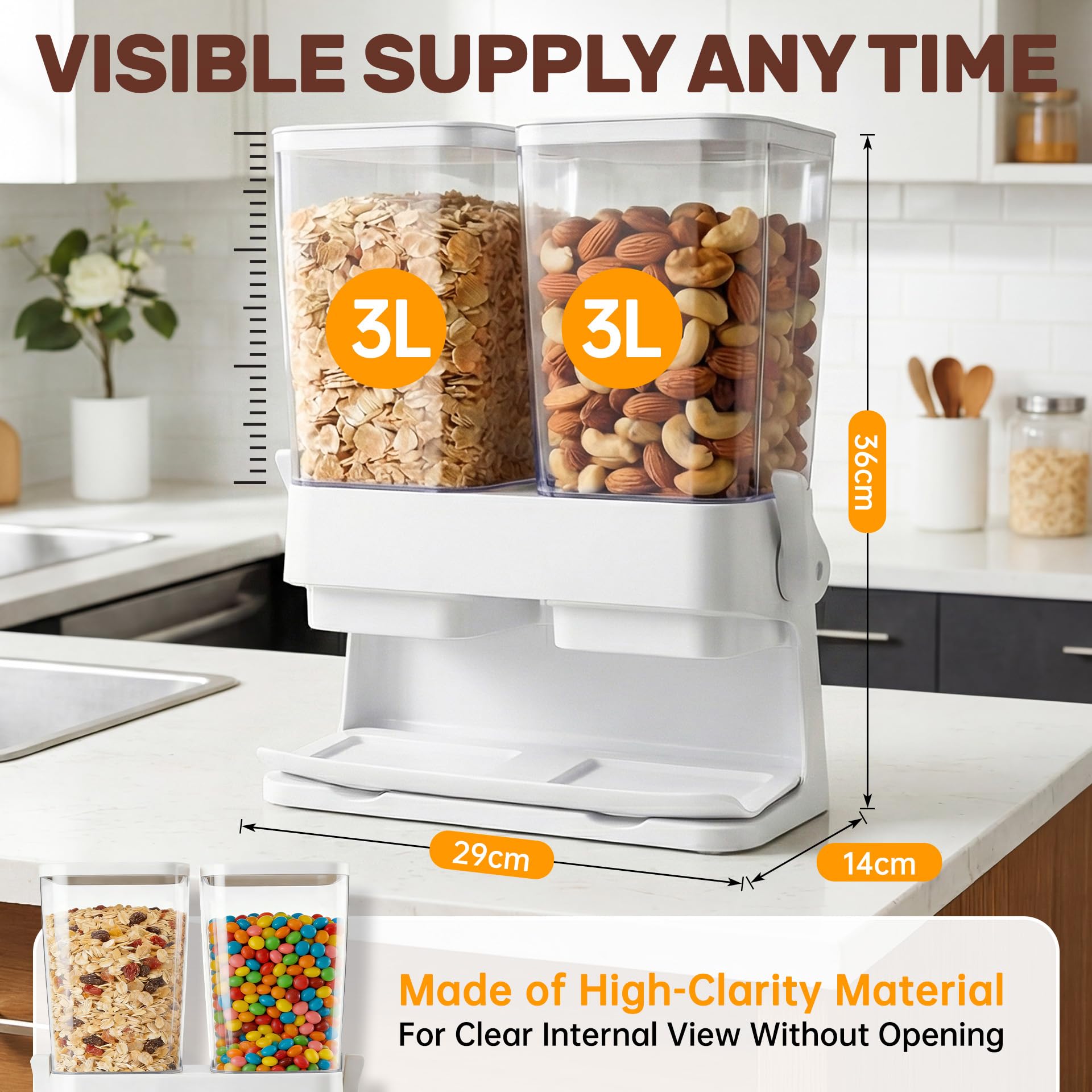 Sinceroduct Dispensador de cereales para encimera, dos grandes recipientes de 3 litros para almacenar cereales, dispensadores de alimentos secos como dulces, nueces y frijoles