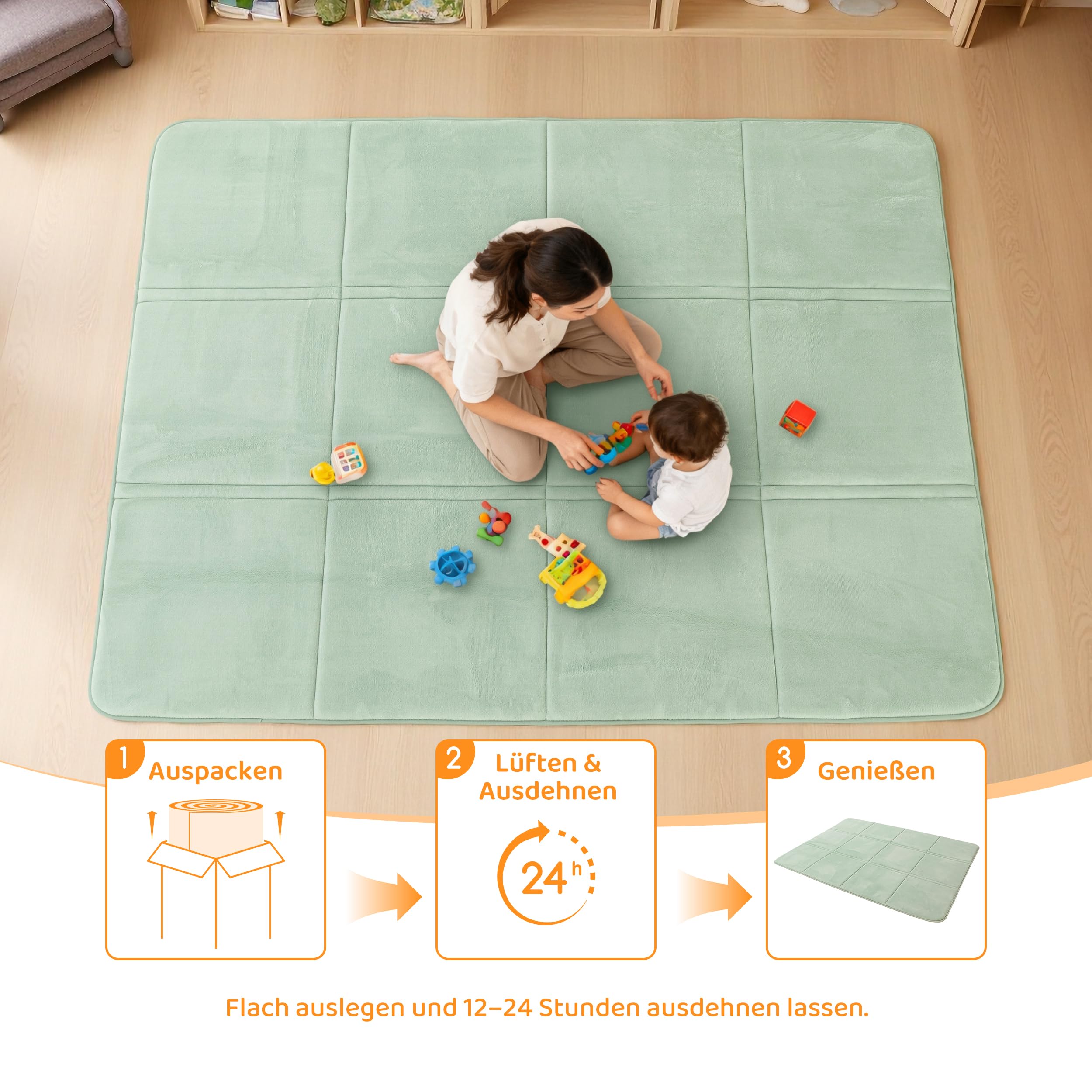 BYBYME 3cm Dicke Faltbare Krabbelmatte Baby, 120x180cm Spielmatte mit Rutschfester Unterseite, Weiche Bodenmatte aus Memory-Schaum für Babys, Kinder & Kleinkinder, Ideal für Wohnzimmer & Yoga, Grün