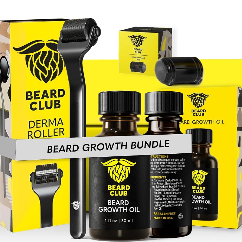The Beard Club Kit com rolo facial de 540 microagulhas de titânio e óleo para barba de sândalo e cedro