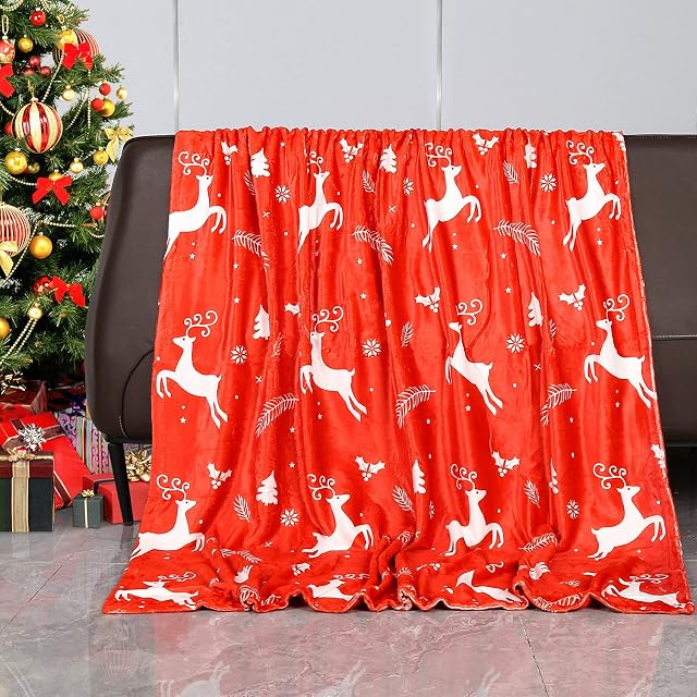 GALAXYER Christmas Reindeer Tree Throw Blanket, Double-Sided Printed 130 x 150 CM Christmas Warm Red Blanket for Bed Sofa Couch Chair