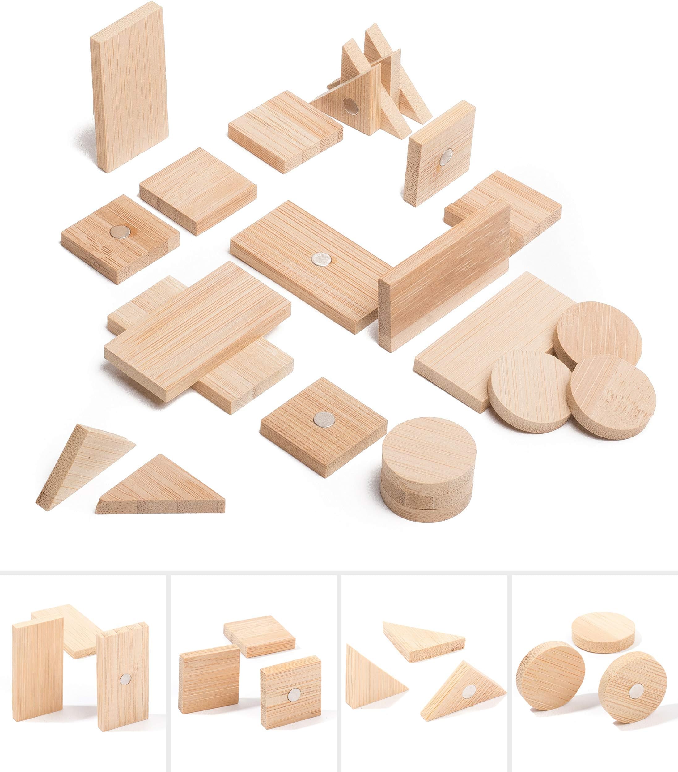 Fridge and Whiteboard Magnets Made of Bamboo - 4 Different Shapes - Circle, Square, Rectangle and Triangle - Beautiful, Cute and Unique Wooden Refrigerator and Office Magnets - Mixed 24 Pack
