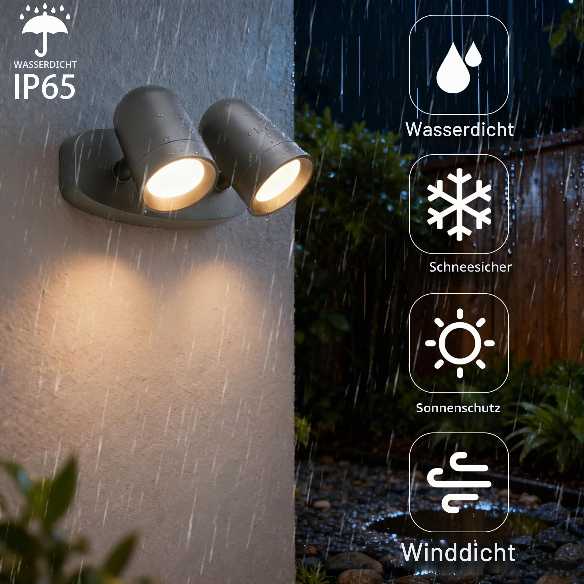 JNR Aussenlampe Wand, Doppel Strahler 330°Schwenkbar Anthrazit Grau | Einstellbarer Beleuchtungswinkel, IP65 Wasserdichte 230V Aluminium Außenlampe, 2*5W GU10 3000K LED Glühbirne Wandleuchte
