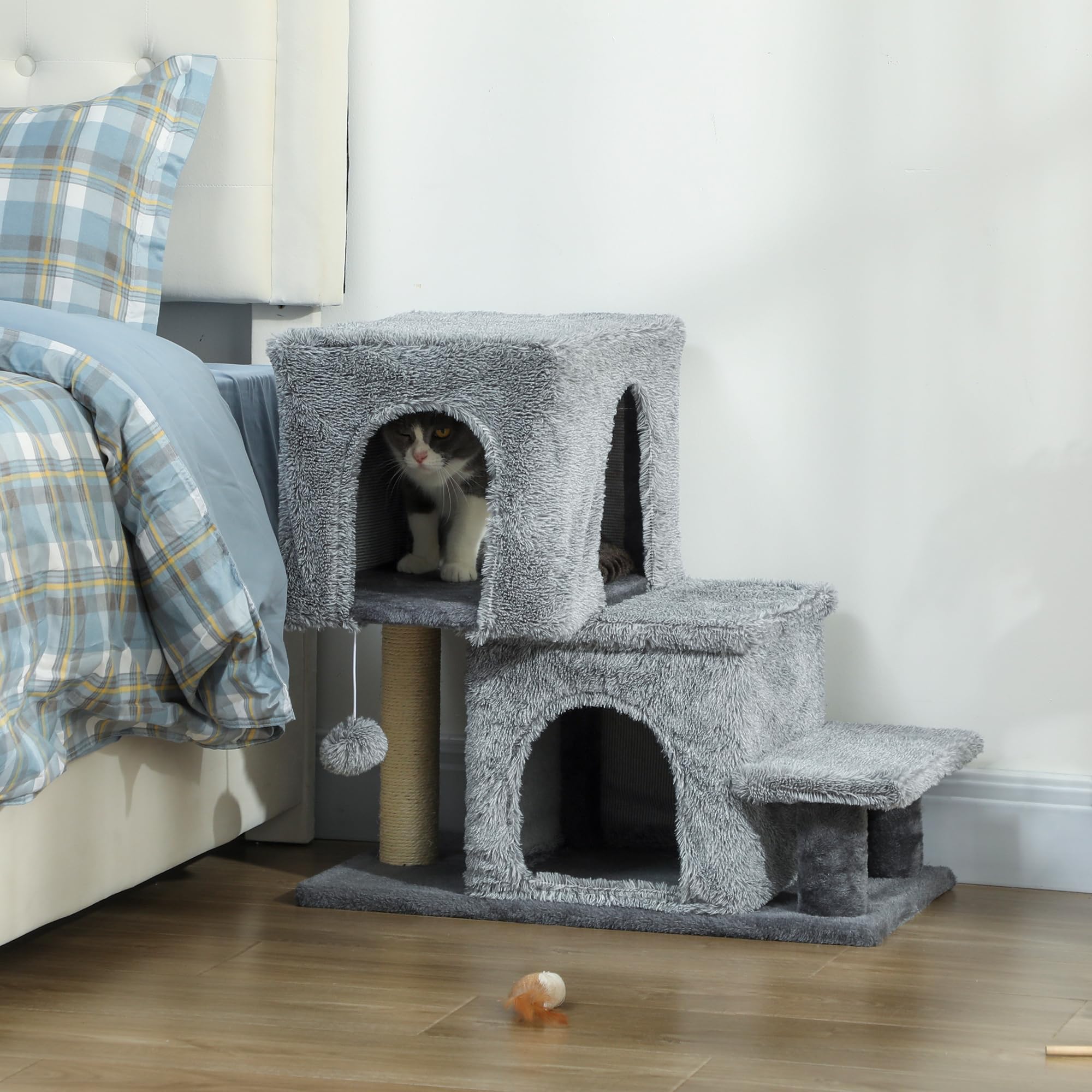 PawHut Scaletta per Gatti a 4 Gradini Regolabile in Altezza, Scalini per Gatti con 2 Casette, Palo Tiragraffi e Pallina, Scaletta per Cani e Gattini per Letto e Divano, Grigio