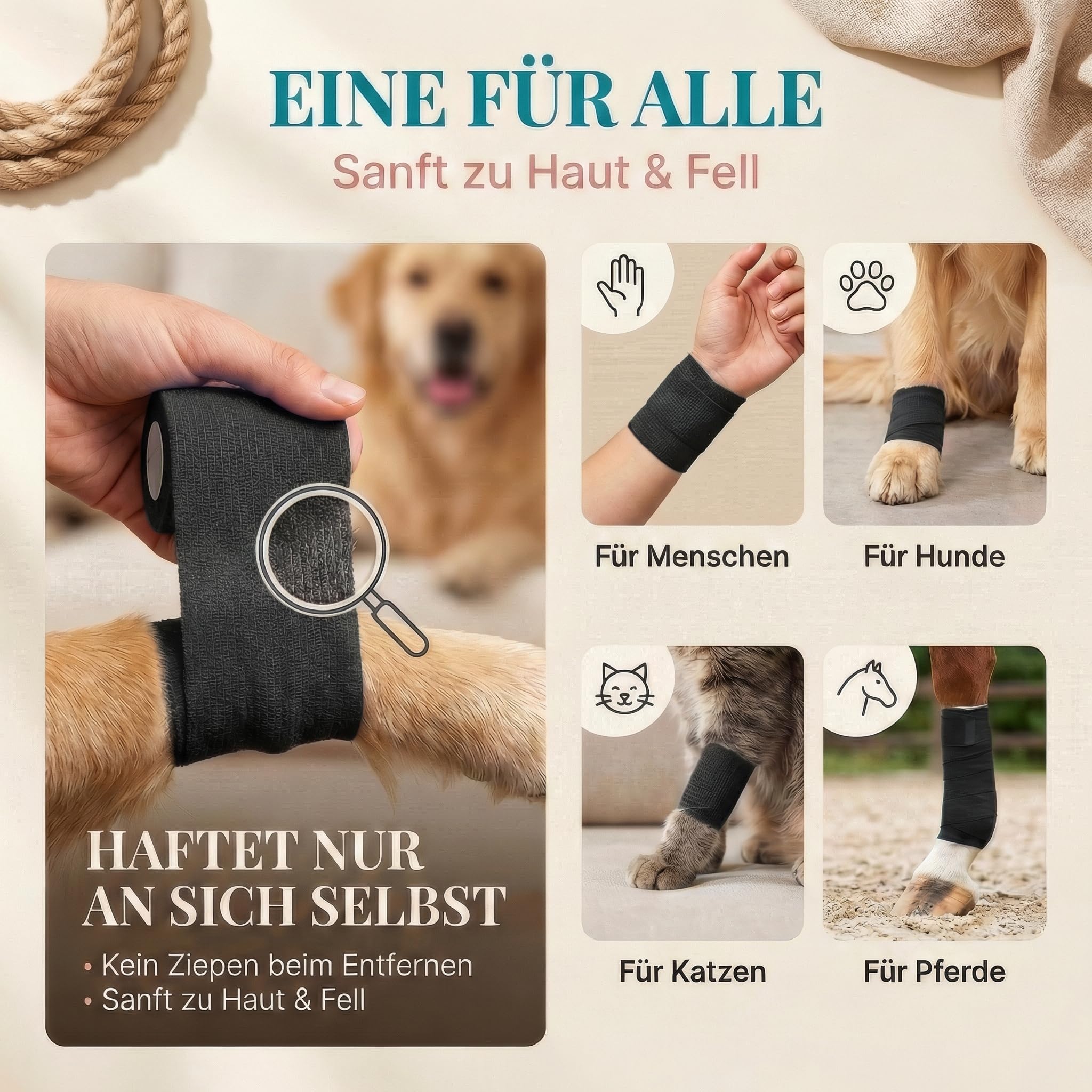 HUND IST KÖNIG selbstklebender Verband, elastische Binde 12x4,7m selbsthaftende Bandage, Haftbandage selbstklebend für Mensch & Tier, Fixierbinde - selbsthaftender Verband selbstklebend, Bandagen