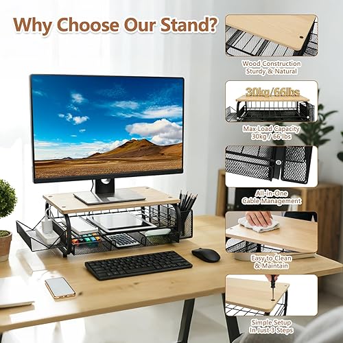 Miniatura 6 de Organizador de escritorio y accesorios para monitor, soporte para monitor con cajón (cajones de 2 niveles) con estante de almacenamiento lateral