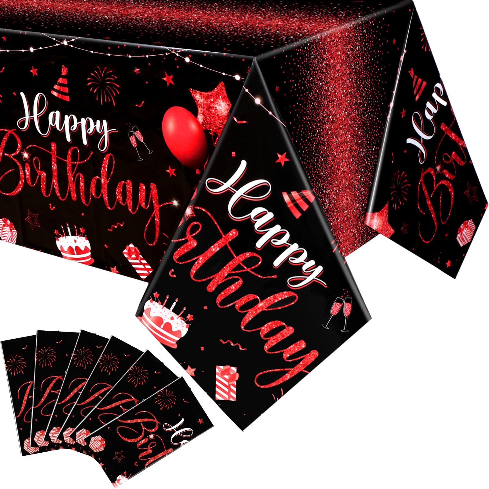 Tudomro 6 manteles de Feliz cumpleaños, decoración de Feliz cumpleaños, Mantel Rectangular de plástico para Mujeres y Hombres, Suministros de Fiesta de cumpleaños, 108 x 54 Pulgadas (Negro Rojo)