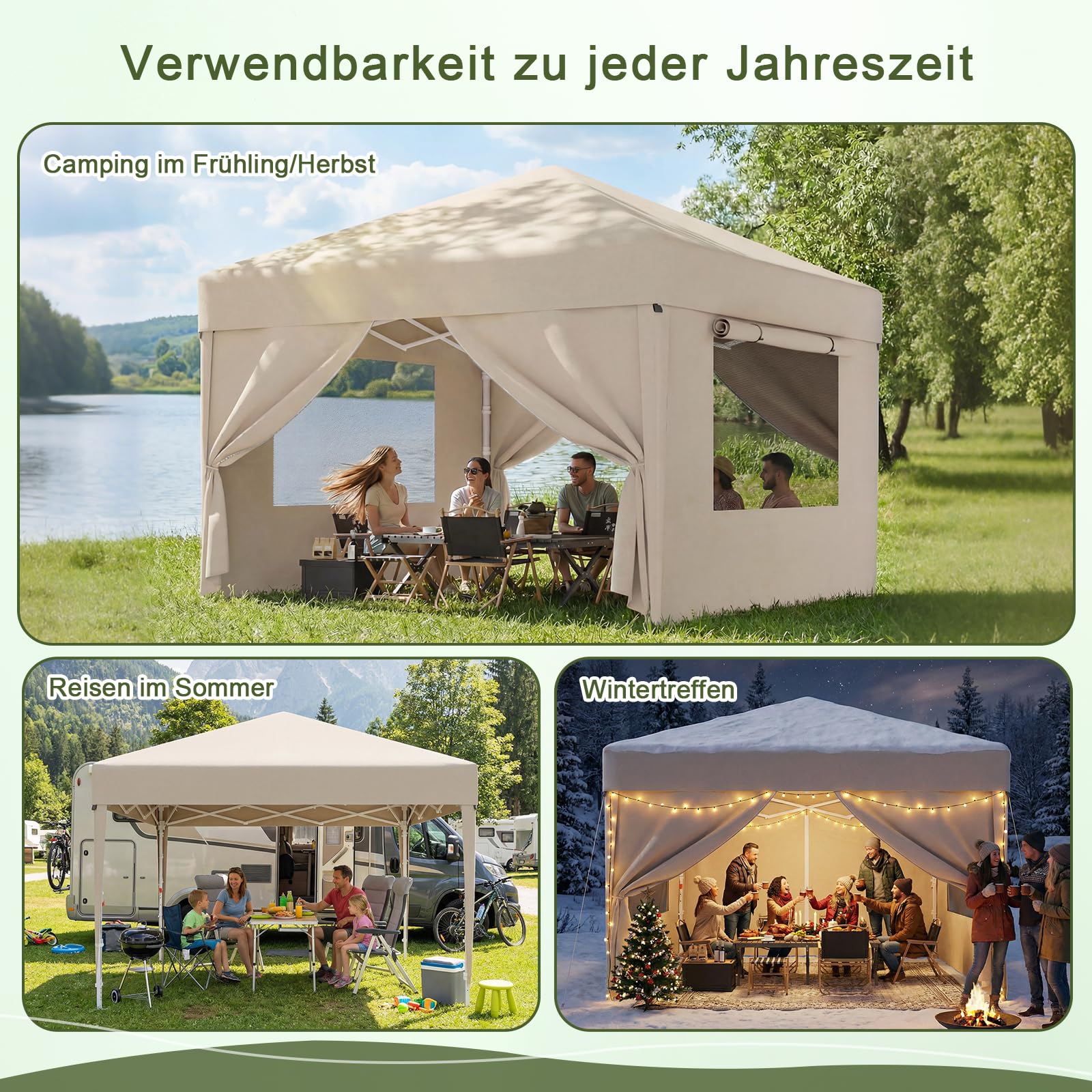 JUMMICO 3x3m Faltpavillon mit Insektenschutz & Belüftung｜Rollos + Lüftungsfenster｜1-Minuten Schnellaufbau｜10cm höhere Dachfläche,Beige