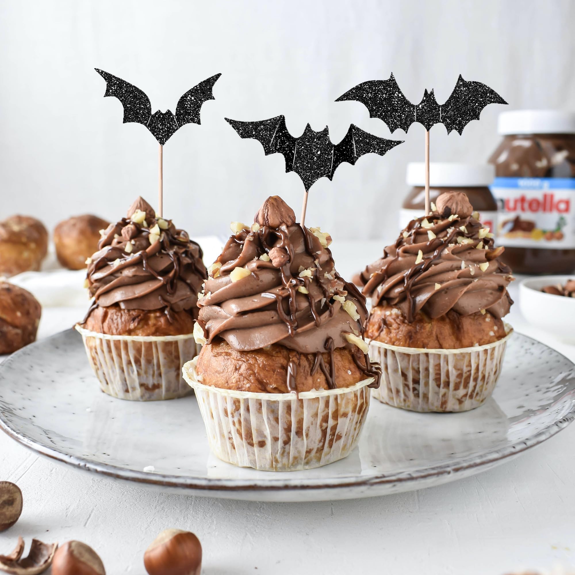 Lot de 24 décorations de cupcakes chauve-souris d'Halloween à paillettes noires pour Halloween, fête prénatale, fête d'anniversaire d'enfants, décorations de gâteaux