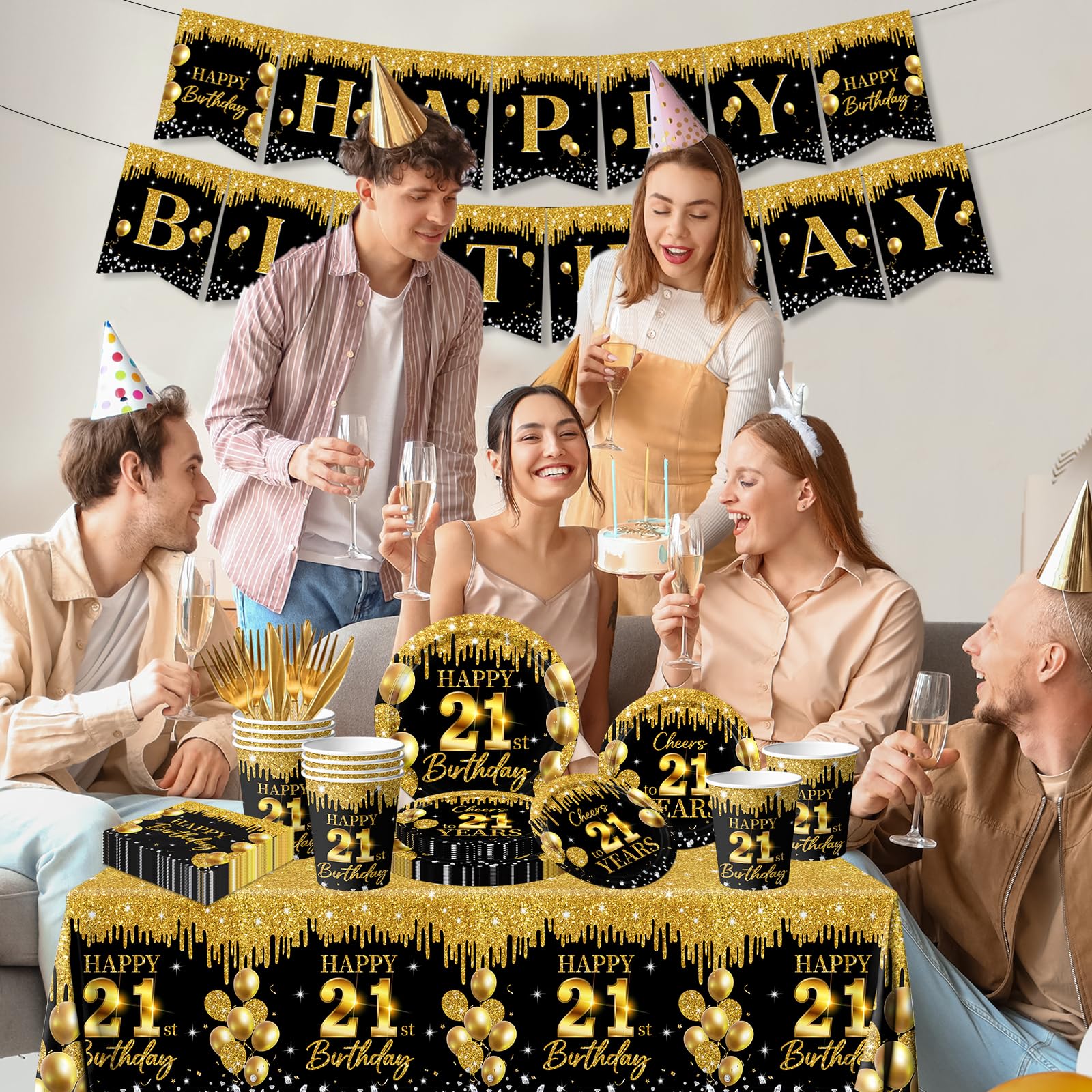 21th Birthday Decorations for Her Him, 142Pcs 21th Birthday Decorations Black Gold 21th Birthday Plates and Napkins Cheers to 21 Years Cups Banner Tablecloth for 21 Years Old Birthday Party Supplies