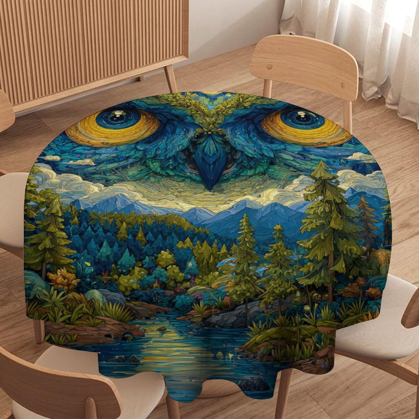 LUYYSKY Modern Realistic Animal Owl Round Tablecloth Retro Watercolor Full Moon Forest Elegant Owl Pattern Washable Decor for Table Cover for Kitchen-91.4" Wx91.4 L cm
