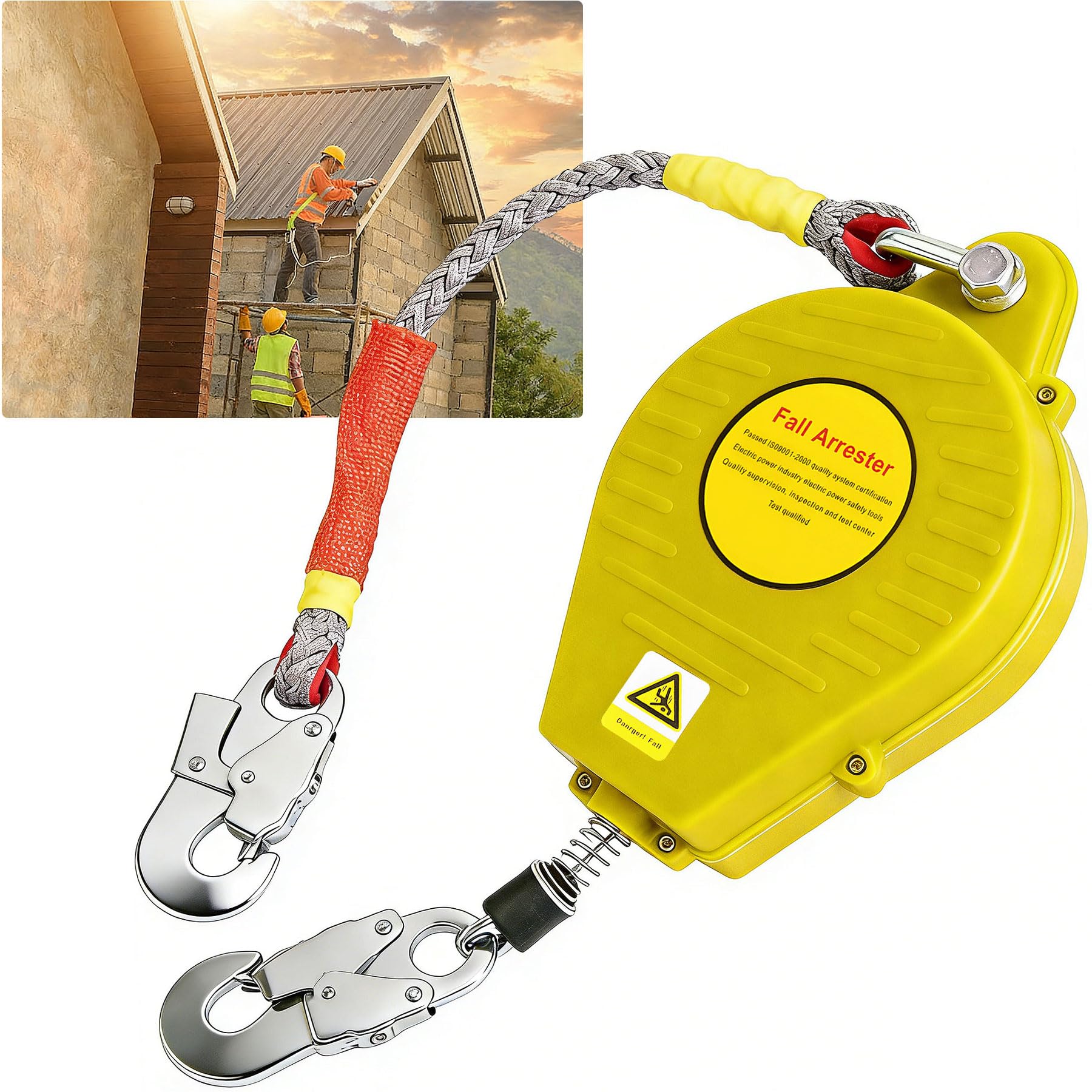 Dispositivo Anticaidas Retráctil Seguridad, 3-20m Linea de Vida Retractil Homologado con Gancho Autoblocante, 150KG Verde/Amarillo Limitador de Caída Personal para Trabajos Aéreos (Amarillo, 10m)