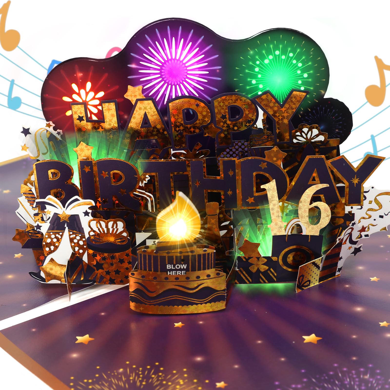 16th Birthday Card, Musical & Fireworks & Blow-Out Birthday Card for 16th Boys, Girls, Pop Up Happy Birthday Cards for 16-year-old Teens, Boys, Girls, Daughter, Son, Granddaughter, Grandson
